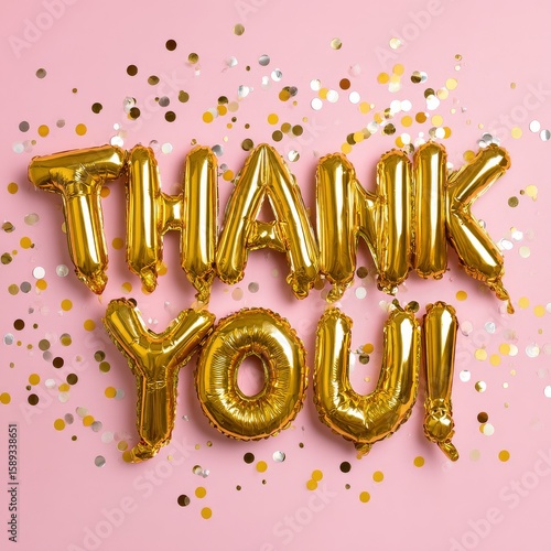 Gold Foil Balloons Spell Thank You on a Pink Background With Shiny Confetti.