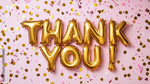 Bright Gold Balloons Spell out Thank You on a Festive Pink Background With Co...