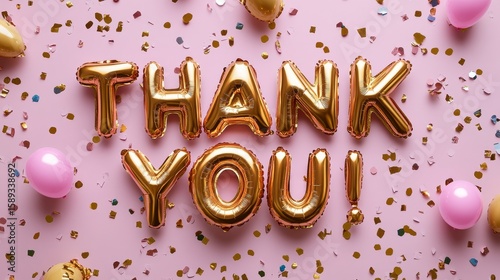 Bright Gold Balloons Spell out Thank You on a Festive Pink Background With Co...