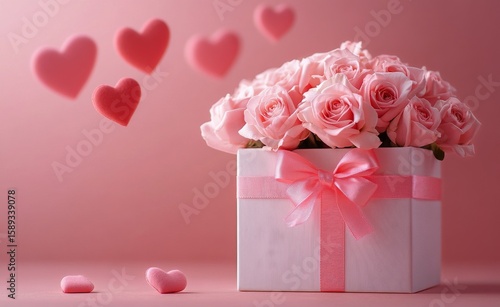 Celebrate Love With Pink Roses in a Decorative Box and Floating Hearts in a S...