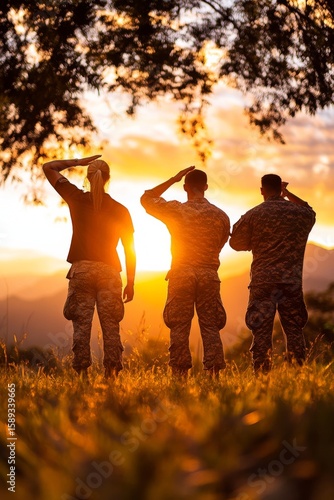 Soldiers and a Civilian Salute at Sunset in a Mountainous Landscape