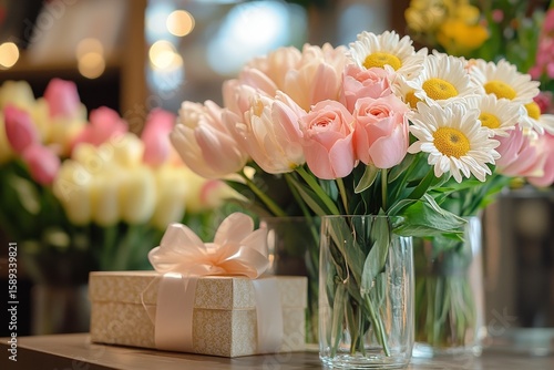 Beautiful Bouquet of Pink Tulips and Daisies Beside a Gift Box in a Bright Fl...