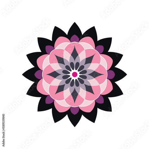 Intricate and perfectly symmetrical mandala design with vibrant floral elements
