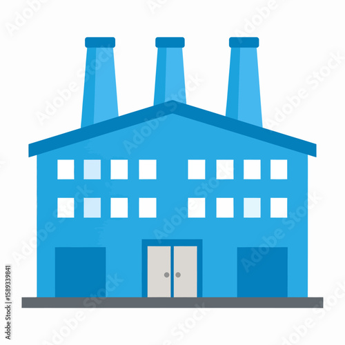 Simple illustration of a blue factory building with three smokestacks.