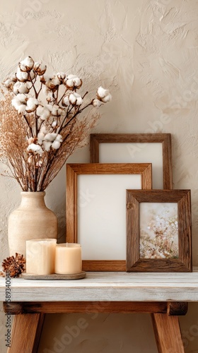 Decorative Home Display Featuring Framed Art and Natural Elements in a Cozy S...