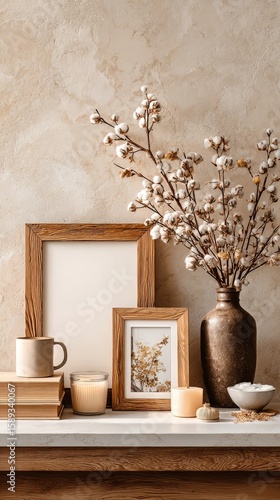 Decorative Home Display Featuring Framed Art and Natural Elements in a Cozy S...