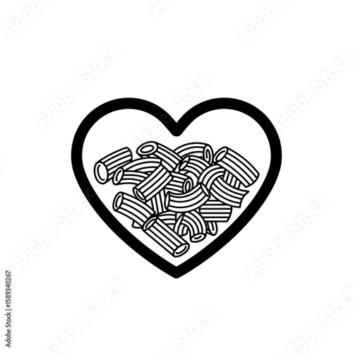 Pasta rigatoni inside of a heart shaped outline silhouette