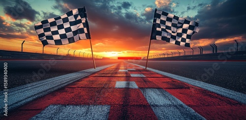 Sunset View of Finish Line With Checkered Flags at Racetrack During a Race Ev...