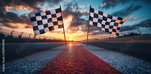 Sunset View of Finish Line With Checkered Flags at Racetrack During a Race Event