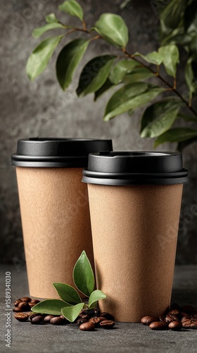 Fresh Coffee Cups With Beans and Leaves on Rustic Surface in a Cozy Setting.