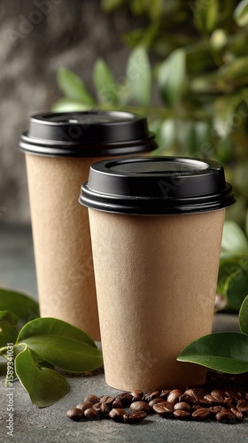 Coffee Cups Surrounded by Coffee Beans and Leaves on a Rustic Table