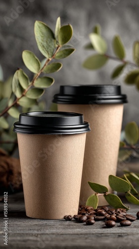 Coffee Cups Surrounded by Coffee Beans and Leaves on a Rustic Table.
