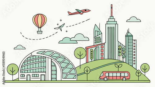 Modern city skyline vector illustration with buildings transportation and nature elements design concept