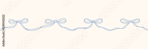 Hand drawn coquette bow seamless border with a charming whimsical cottage core design. Soft blue, pastel, and nostalgic, perfect for textiles, wrapping paper, and romantic vintage-inspired decor.