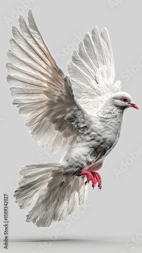 Beautiful White Dove in Flight Showcasing Intricate Feather Details and Vibra...