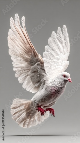 Majestic White Dove in Mid-Flight Against a Neutral Background