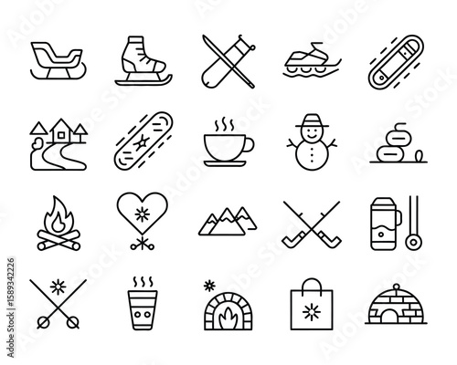 Winter Activities Vector Icon Set  Skiing, Snowboarding, Sledding, Hot Drink, Snowman, Campfire, Curling, Snowball Fight, Hiking, Igloo, Fireplace Icons  Adjustable Line Weight

