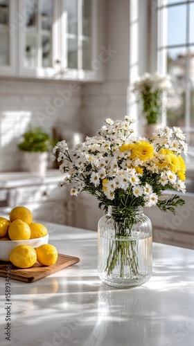 Beautiful White Flowers in a Glass Vase on a Kitchen Countertop With Natural ...