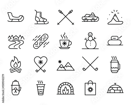 Winter Activities Vector Icon Set  Skiing, Snowboarding, Sledding, Hot Drink, Snowman, Campfire, Curling, Snowball, Hiking  Adjustable Line Weight