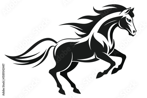 Black and White of a Rearing Horse with Flowing Mane and Tail