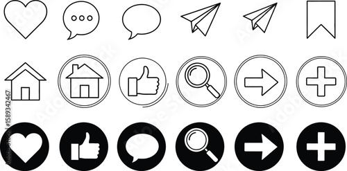 Collection of universal interface icons and design elements for websites, apps, and digital platforms featuring like, comment, share, and home symbols.