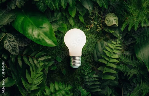 Light Bulb Surrounded by Vibrant Green Leaves in a Lush Tropical Setting Duri...
