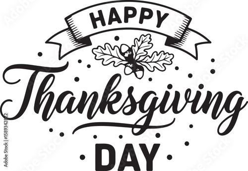 Vector art of happy thanksgiving day text with oak leaves isolated on white background
