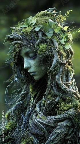 The enchanting figure represents a nymph or dryad, symbolizing the spirit of the forest.