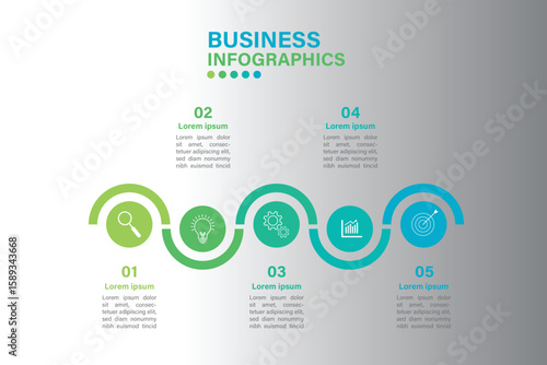 Editable business infographic template design with 5 steps. Infographic template which can be used for presentations banners, workflow layout, annual report, web design.	
