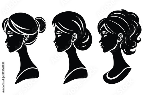 Black Silhouette Illustration of Three Women with Different Elegant Hairstyles and Profiles