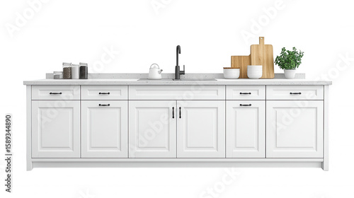 Contemporary kitchen cabinet featuring white doors, drawers, and a natural wood visualizations ideal for interior design countertop,