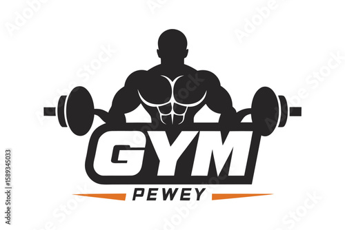 Bodybuilder Silhouette Lifting Weights with Gym Pewey Logo Fitness and Workout Iconography