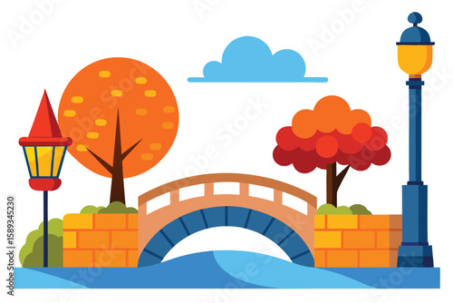 Cartoon Autumn Park with Bridge, Trees, Lamps, and Blue Cloud Illustration