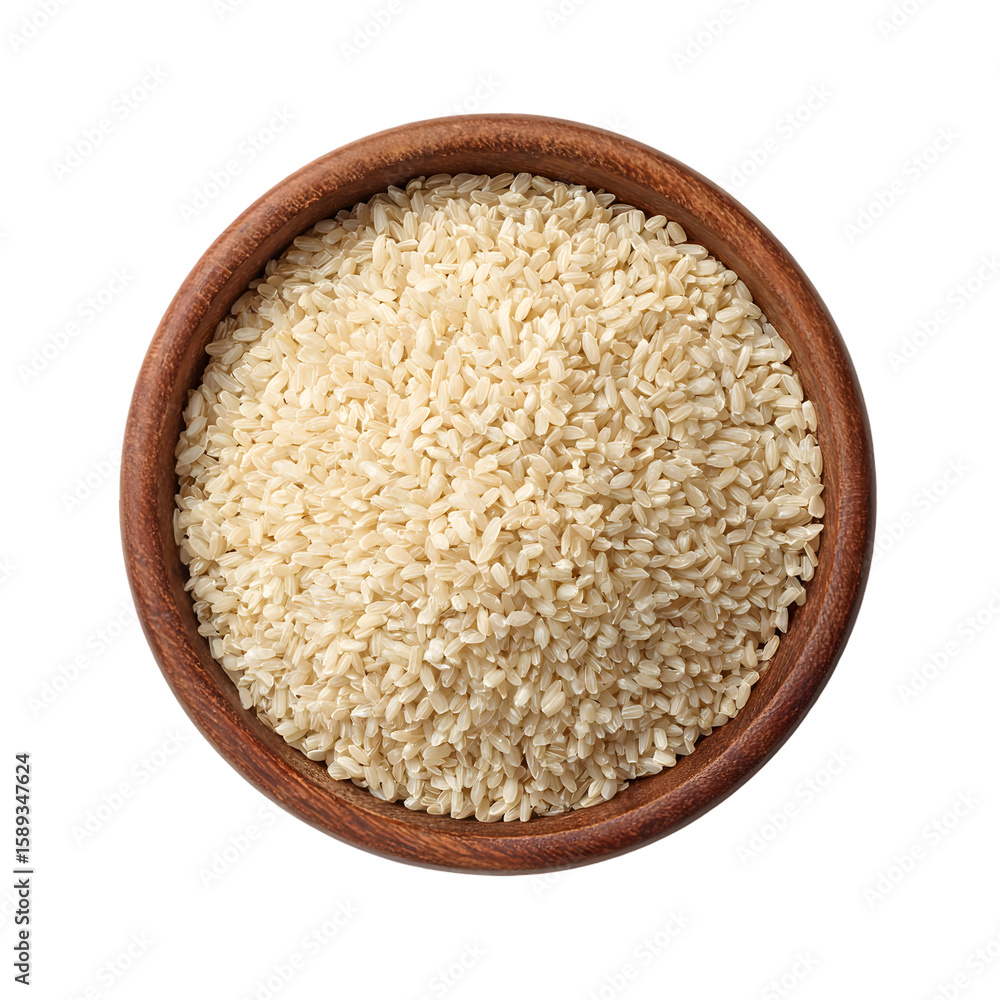 Uncooked brown rice grains in a wooden bowl. Uncooked brown rice grains in a wooden bowl.