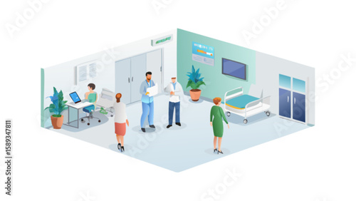 Isometric hospital room vector illustration with doctors nurses and patient beds for medical designs