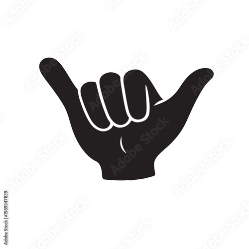 Vector illustration of shaka hand gesture, hang loose symbol, black and white minimalist style.
