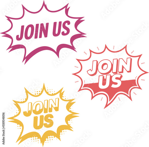 Join us label collection in various starburst styles colorful vector set perfect for call to action marketing promotion recruiting and announcement designs