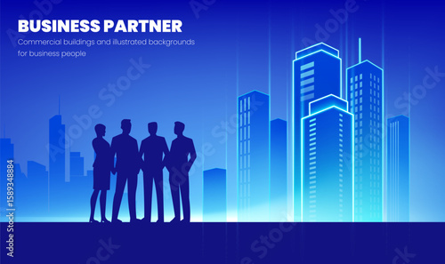 Horizontal business background illustration city and business people silhouetted