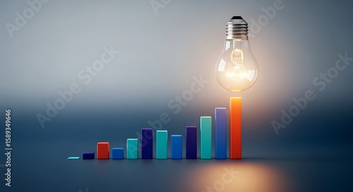 A glowing lightbulb illuminates a rising bar graph, symbolizing success