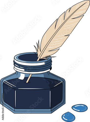 Vintage Inkwell with Elegant Feather Quill Pen and Blue Ink Splashes for Writing, Calligraphy, and Historical Document Concepts, Isolated White Background