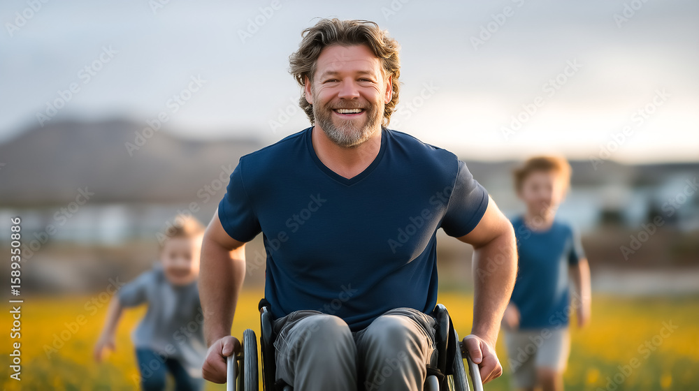 Fototapeta premium Man in wheelchair smiles while moving through a field of bright yellow flowers. Children run and play in the background under a cloudy sky. Concept of inclusivity, outdoor activities, family bonding