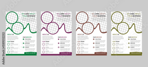 Corporate Creative Business Flyer Template Set – Professional A4 Design in Green, Purple, Brown, and Mustard with Business Info, Contact, and Services Sections.
