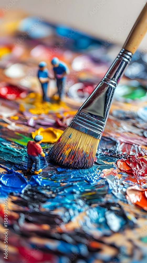 Fototapeta premium Miniature workers painting with brush and colorful paint