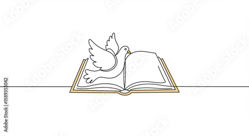 Open book with flying dove symbolizing peace and knowledge concept of single line outline vector,peace day  