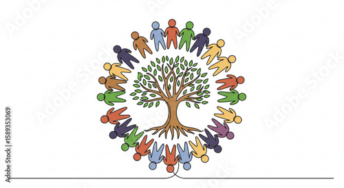 Diverse people holding hands around a tree symbolizing unity and growth,peace day