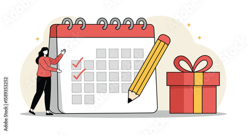 Calendar with pencil and gift box