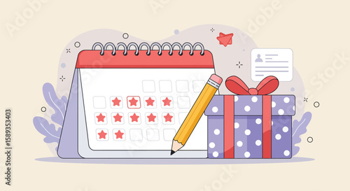 Calendar with pencil and gift box