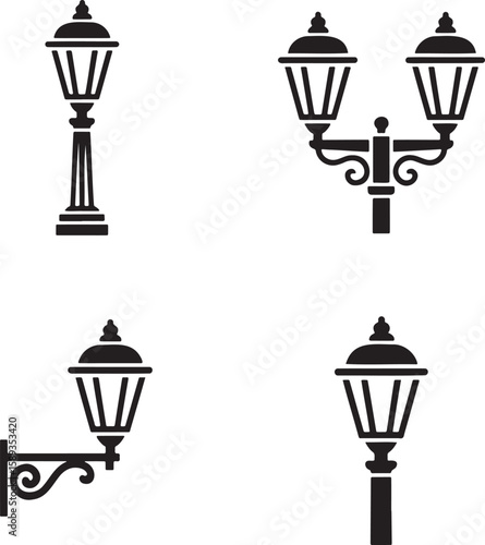 Set of Vintage Lamp post silhouette vector illustration isolated On Transparent Background