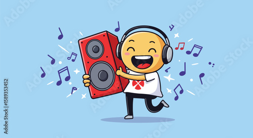 Happy boy running with vintage boombox radio