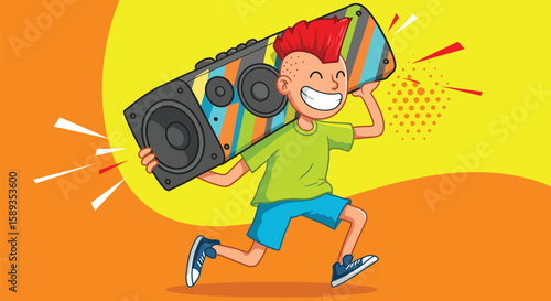 Happy boy running with vintage boombox radio
